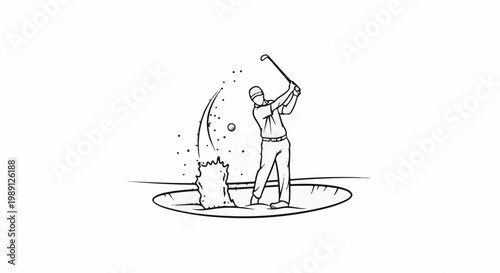 Golfer swings club, hitting ball out of sand trap, creating splash