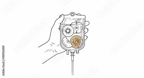 Hand holding an IV bag filled with sliced fruits