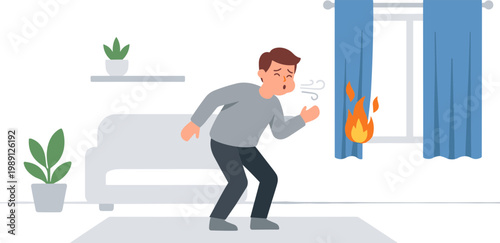 Man reacting to fire in living room with smoke and flames nearby