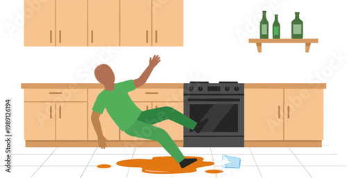 Man slips on orange juice spill in modern kitchen while reaching