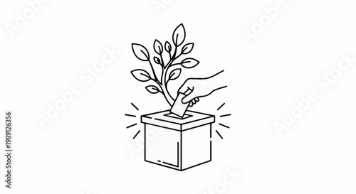 Hand places seedling into a box, symbolizing growth and contribution