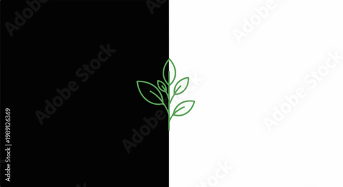 Green plant stem with leaves sprouts across a split black and white background