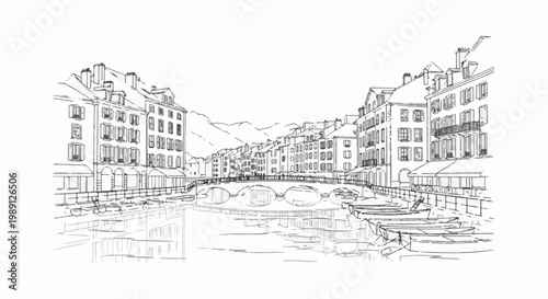 Hand-drawn sketch of old European town with canal, bridge, and boats