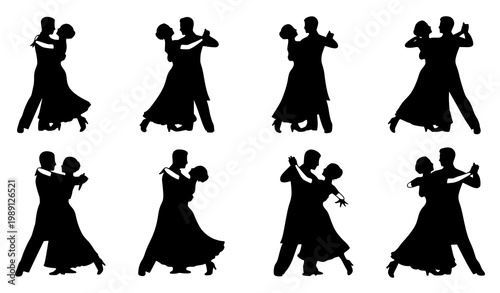 Ballroom dancing couples silhouette vector elegant vintage dance illustration