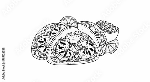 Hand-drawn sketch of three shrimp tacos with citrus wedges and rice