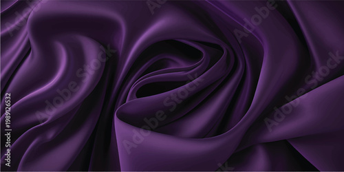 Smooth purple satin fabric with luxury silk texture creates a soft violet wave backdrop featuring shiny macro details and romantic pink rose flower patterns for a Valentine design