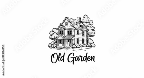 Hand-drawn Victorian house with trees and the words "Old Garden