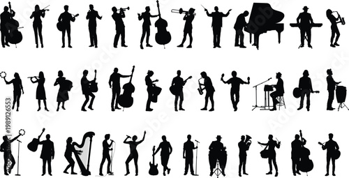 Musician Silhouettes Set, Band Performers Playing Instruments and Live Music Poses