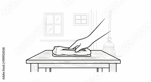 Hand shaping dough on a wooden table, with windows and broom in background