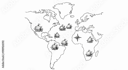 Hand-drawn world map with sailing ships and compass rose