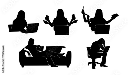 Woman laptop work silhouette vector stress productivity remote job illustration