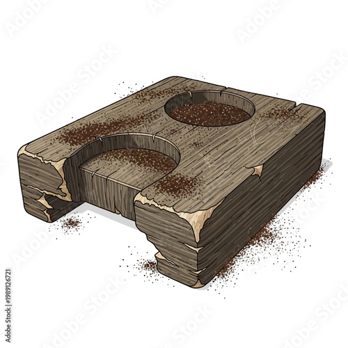Rustic wooden stand with two circular indentations, filled with coffee grounds