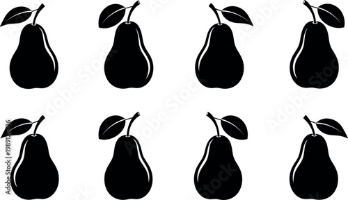 Black Pear Fruit Icons Set Featuring Minimalist Illustrations for Food, Agriculture, and Nature Designs.