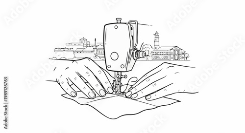 Hands guiding fabric through sewing machine with townscape background