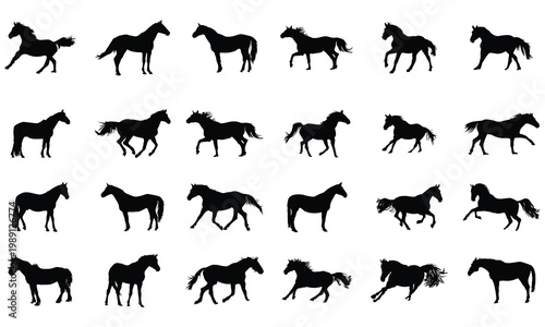 Horse Silhouettes Set, Running Galloping and Standing Horse Poses Collection