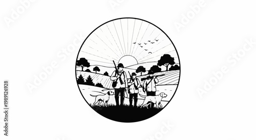 Hunters and dogs in a rural landscape with a rising sun behind them