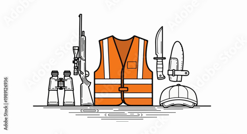 Hunting gear rifle, binoculars, vest, knife, sheath, and cap
