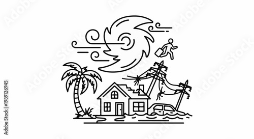 Hurricane impact on coastal town flooding, damaged house, and power lines