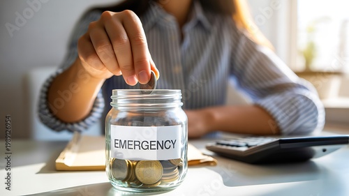Saving money concept with coins in jar labeled emergency for financial planning and security