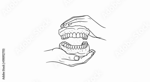 Hands presenting upper and lower dentures, a dental illustration