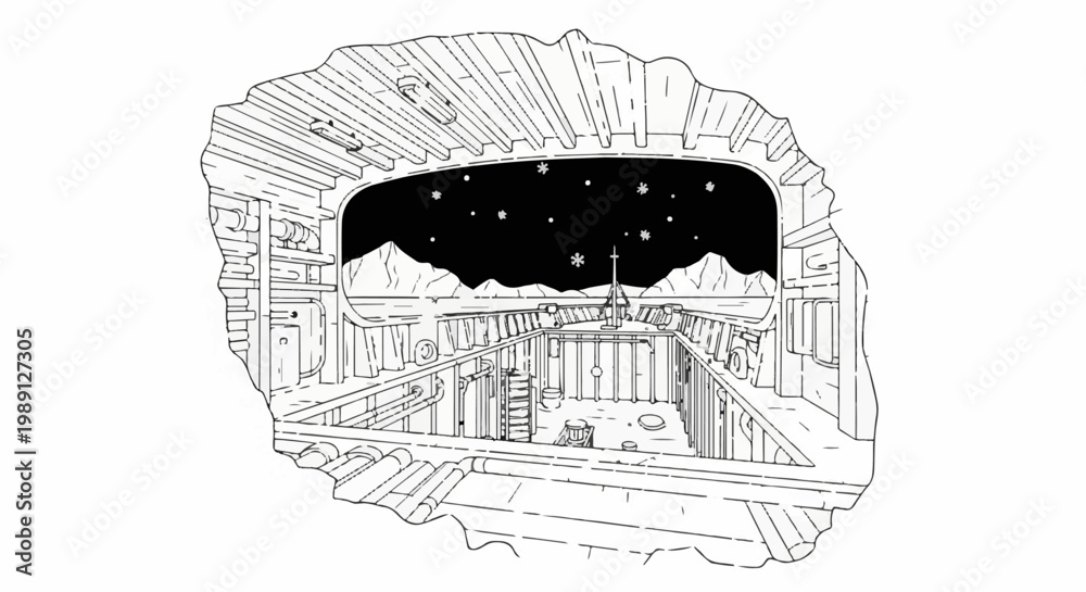 Obraz premium Interior view from a spacecraft or station looking at a snowy landscape