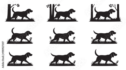 Hunting dog silhouette vector set, beagle hound walking in forest landscape, 9 black canine icons for outdoor sports and nature logos