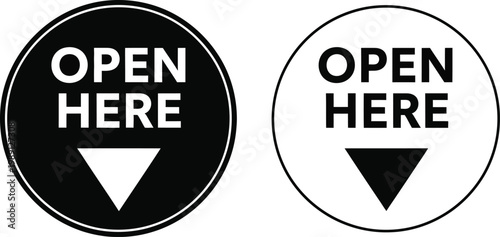 Open here labels with directional arrows appear in black and white circular frames.
