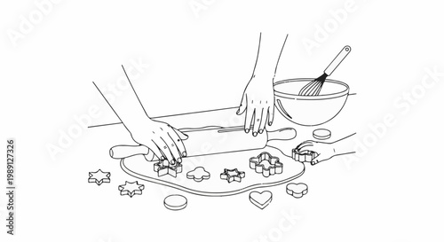 Hands roll out dough with cutters, a bowl and whisk nearby