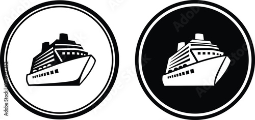 Cruise ship icons appear in black and white circular frames on a plain background.