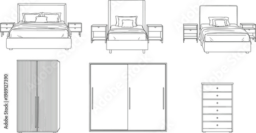 Outline drawings of bedroom furniture including beds nightstands wardrobe and chest of drawers.