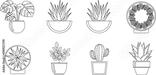 Various potted houseplants and decorative plants in outline style for interior design.