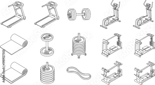 Gym fitness equipment including treadmills dumbbells and weight machines.