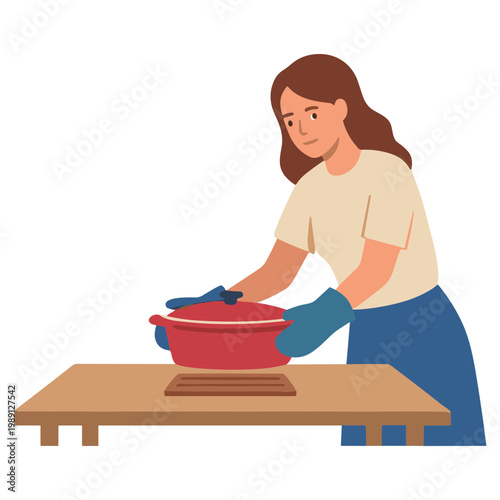 Woman carefully handles a hot red pot on a wooden table wearing gloves.