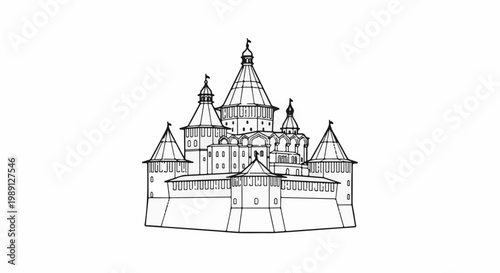 Intricate black and white line drawing of a grand fortress with multiple towers and ramparts