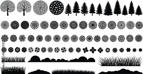 Collection of stylized plants, trees and grass silhouettes for landscape design and graphic illustration.
