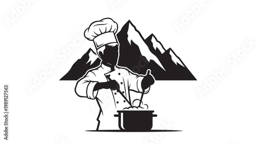 Vintage chef logo vector, professional cook silhouette with mountain peaks, rustic culinary branding for alpine restaurant or catering business