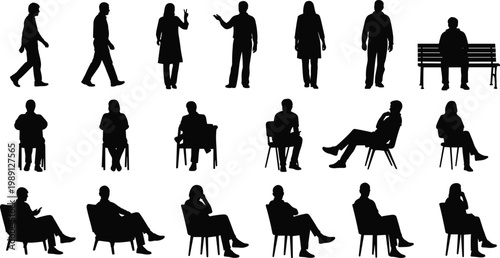 Diverse group of human silhouettes in various poses, walking, standing and sitting.