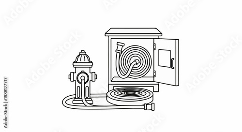 Line art of a fire hydrant connected to a hose reel cabinet with a coiled hose