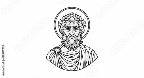 Line art bust of a bearded man with laurel wreath and halo