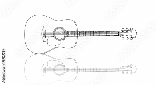 Line art acoustic guitar reflected on a white background