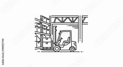 Line art of a forklift moving boxes in a warehouse with shelves