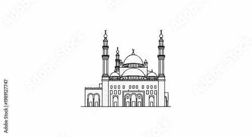 Line art of a grand mosque with domes and tall minarets
