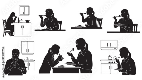 Black silhouette woman eating meal set, female character dining at kitchen table vector, person having breakfast and dinner collection