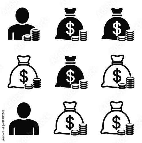 Set: Person and Money Bags with Coins, Representing Wealth and Finance