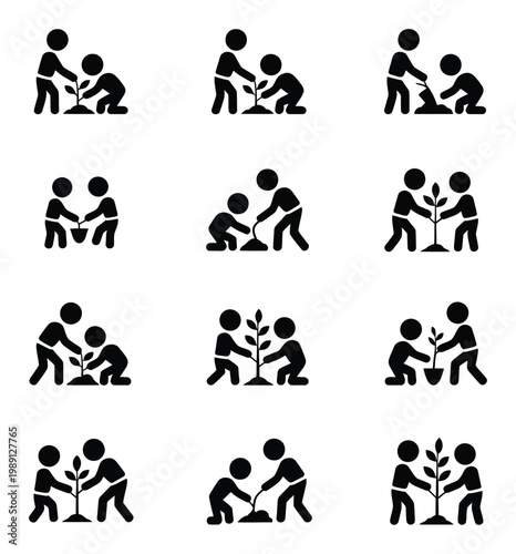 Set: People Planting Trees and Saplings Together