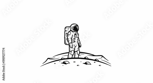 Line art astronaut stands on a cratered, alien surface