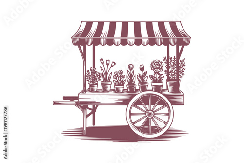 Flower cart with awning, vintage style, detailed illustration.
