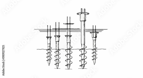 Illustration of helical piles of varying sizes partially embedded in soil