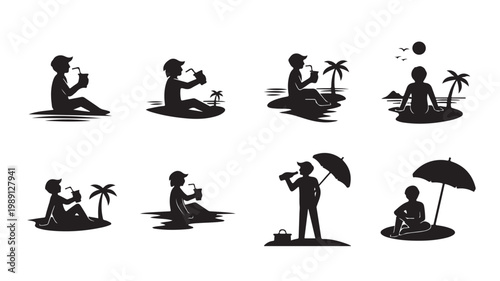 Summer beach vacation silhouette icons, set of 8 tropical holiday vector elements, people drinking cocktails under palm trees and umbrellas