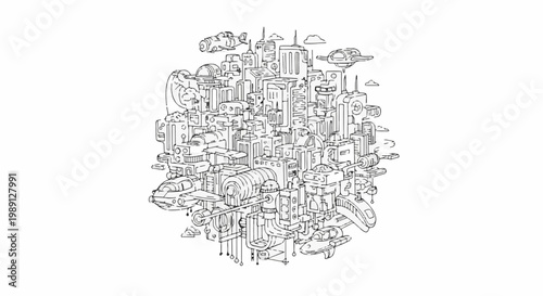 Intricate line drawing of a futuristic, multi-layered city with flying vehicles